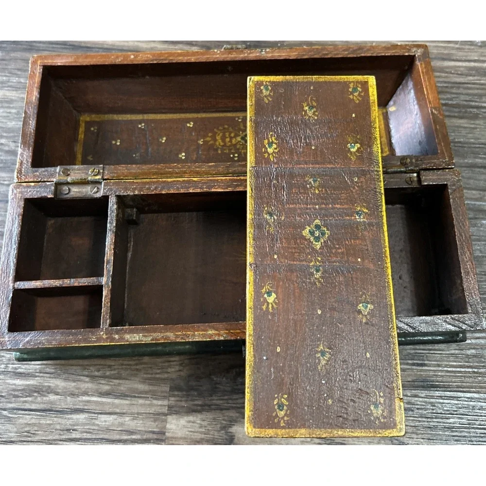 Vintage Wooden Box Ornate Hand Painted Indian‎ Design Jewelry Trinket Storage